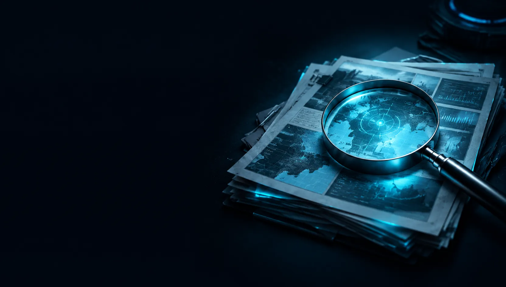 An illuminated magnifying glass examining investigative dossiers and telemetry charts