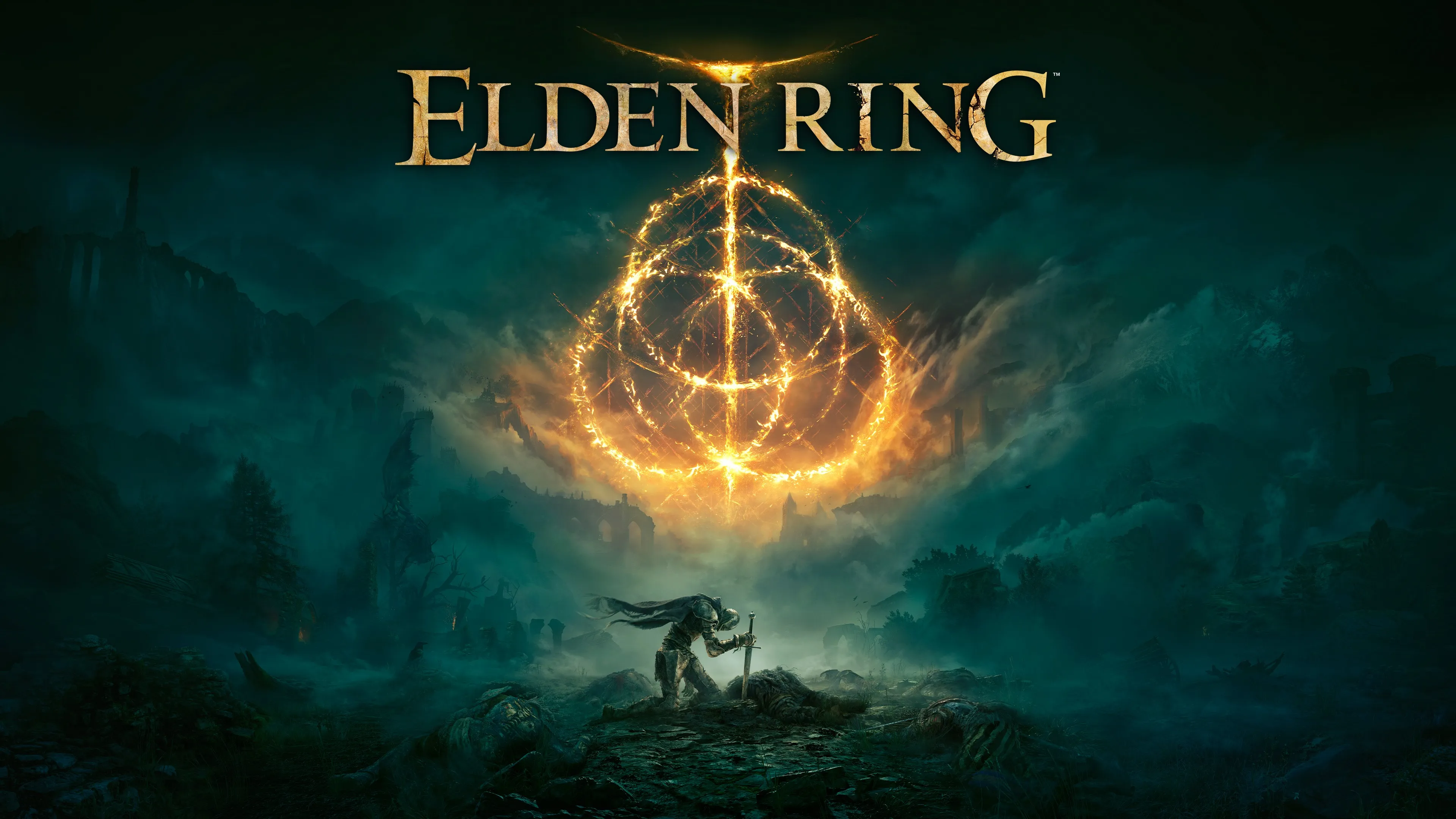 A gold ring of runes above a lone figure in a teal cavern