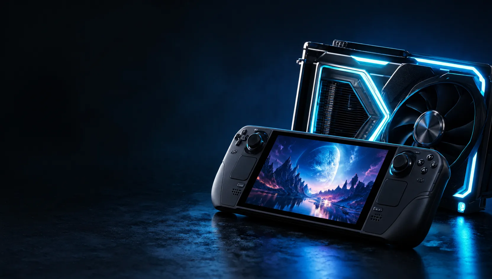 Hardware reality benchmark testing lineup featuring Steam Deck, illuminated GPU, and console hardware