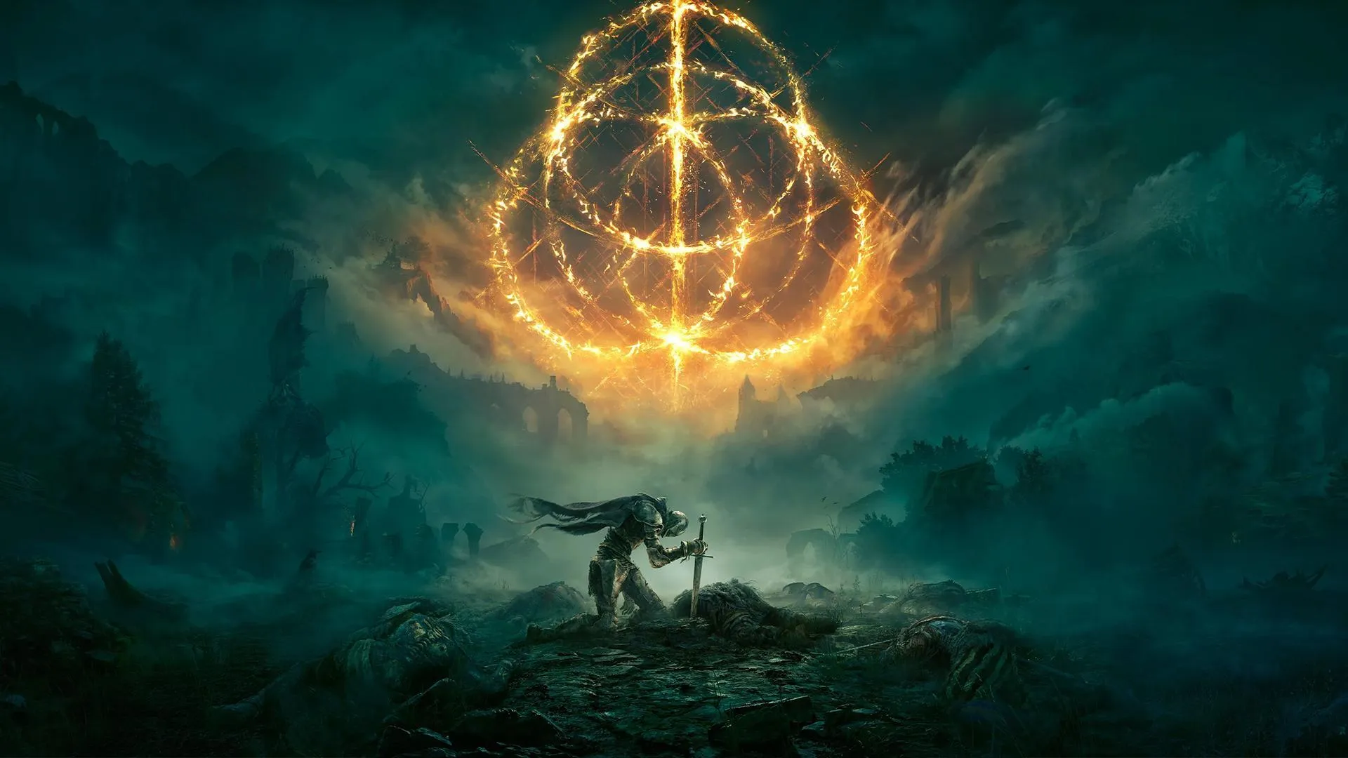 The blazing golden Elden Ring rune suspended in misty twilight clouds above a kneeling Tarnished warrior