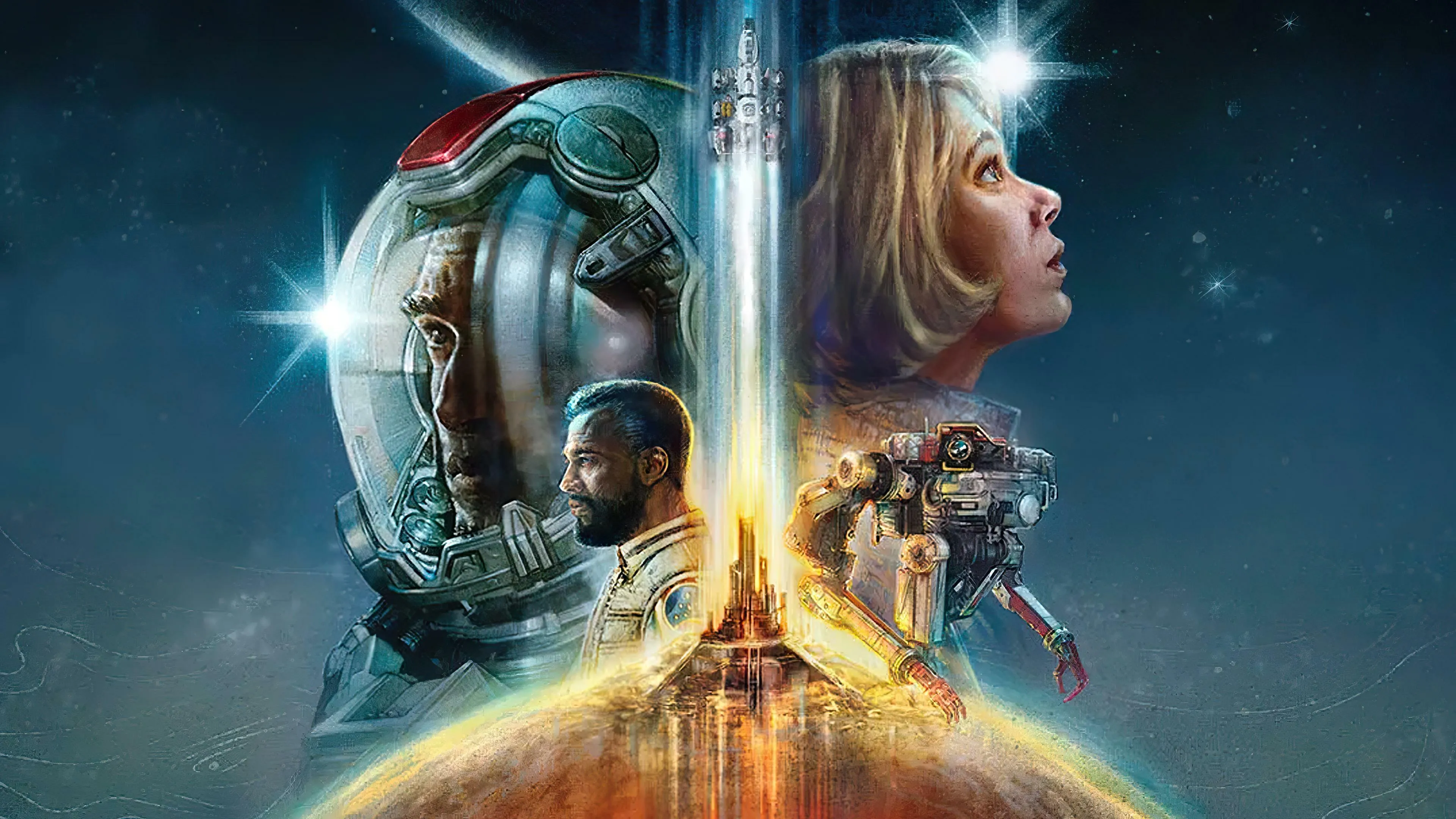 Starfield key art with the Constellation emblem behind three figures — a red-accented astronaut helmet, a bearded man in a flight suit, and a woman looking skyward — beside a robot companion and a rocket lifting off over an orange planet horizon
