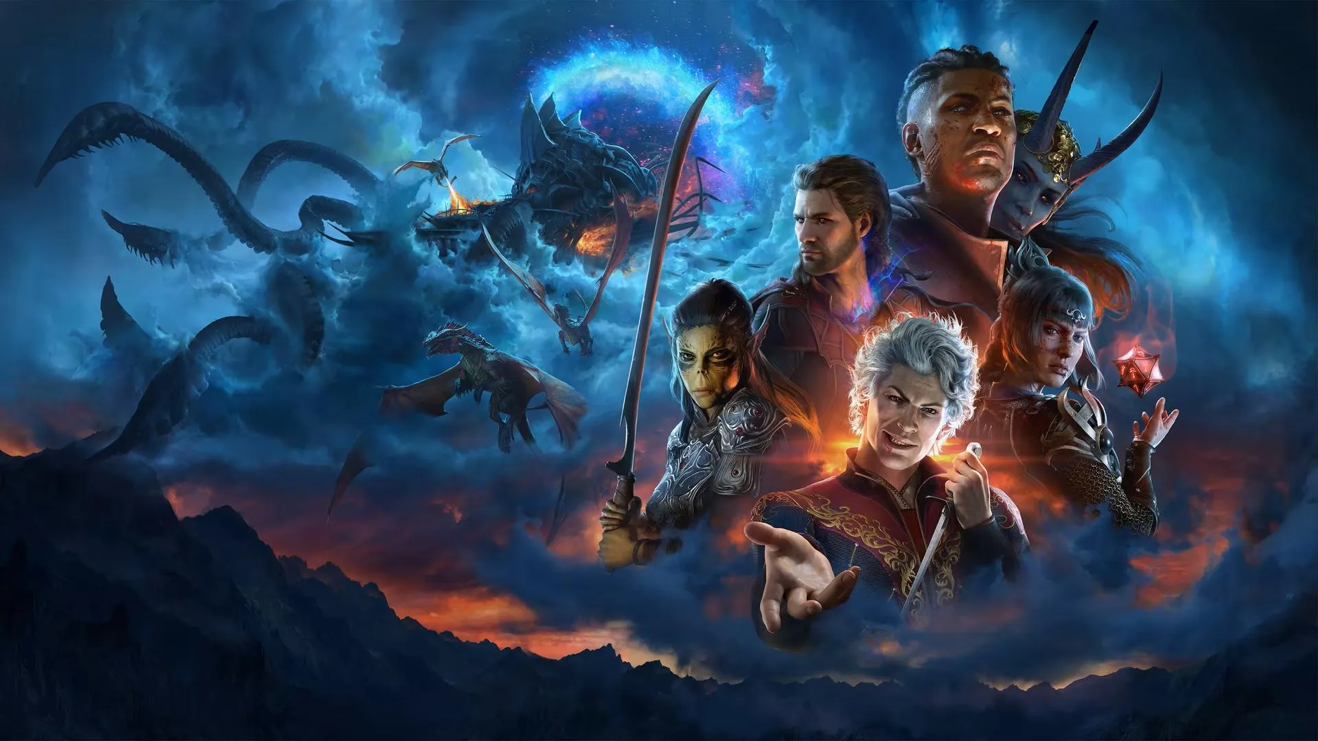 Baldur's Gate 3 origin companions including Astarion, Shadowheart, and Lae'zel gathered beneath flying dragons and an illithid nautiloid ship against stormy skies