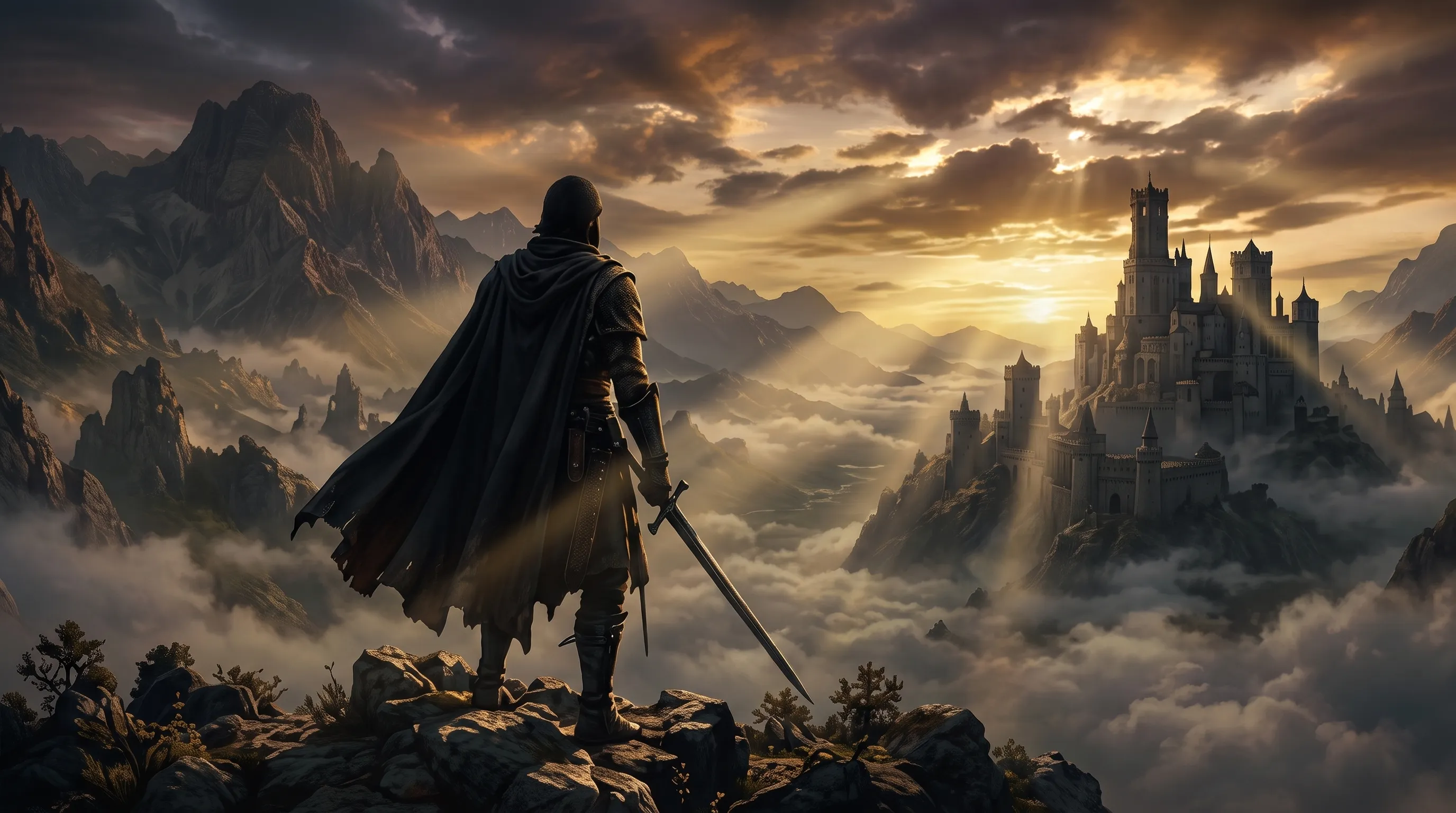 A caped figure with a sword looking out over a ruined castle at sunset