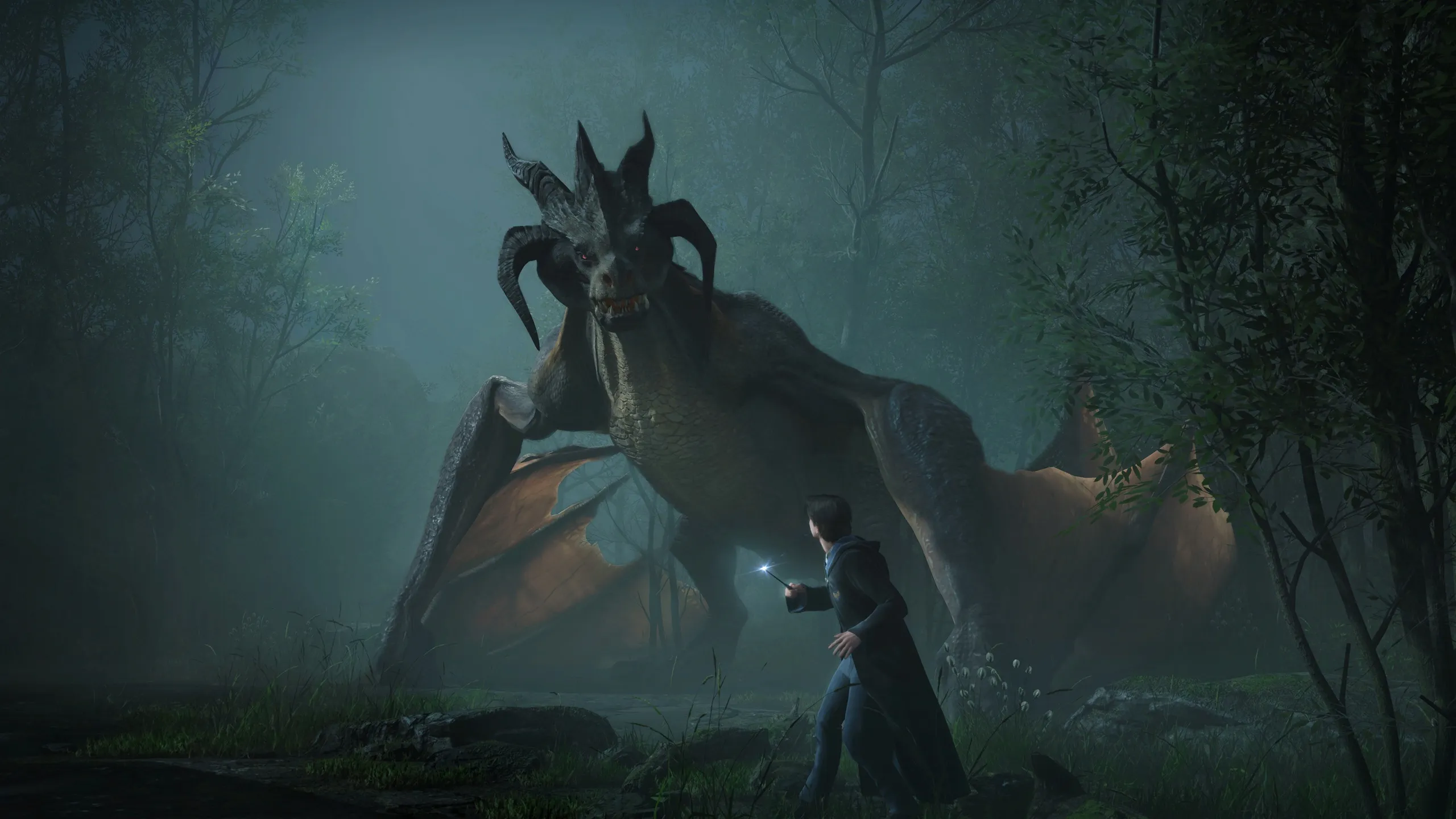 A horned dragon with spread orange-membraned wings looming over a student who raises a lit wand in a misty forest clearing, seen from behind the student among dark tree trunks and ferns