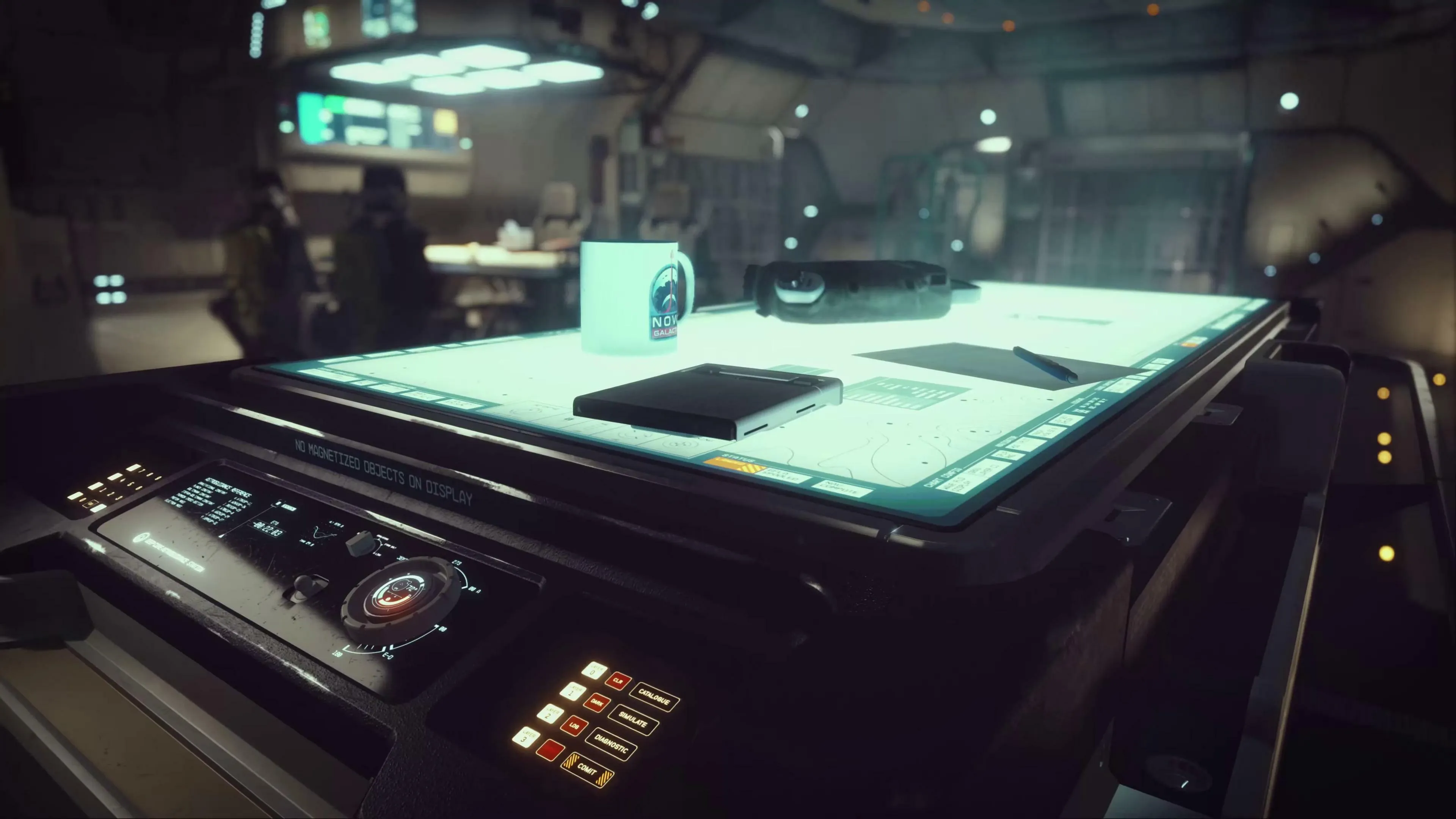 Ship interior lit from a glowing holographic table holding a mug and notebook, with the pilot seats behind, a control panel glowing at lower left, and warm cabin lights blurring into the background