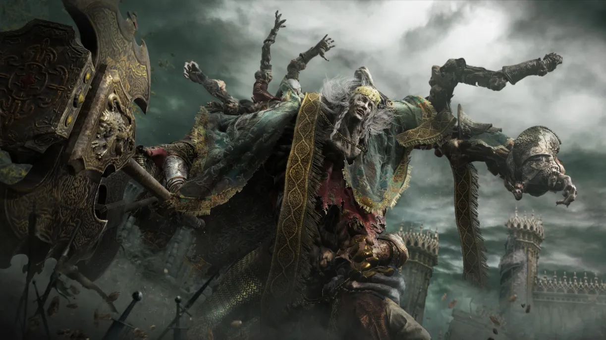 Godrick the Grafted swinging a massive ornate battle axe with multiple grafted arms under a stormy sky