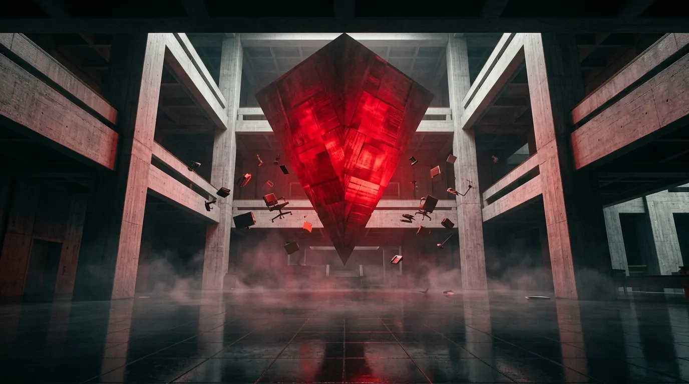 A glowing red inverted pyramid hovering in a brutalist concrete atrium, with office chairs and desks floating around it above a misted reflective floor